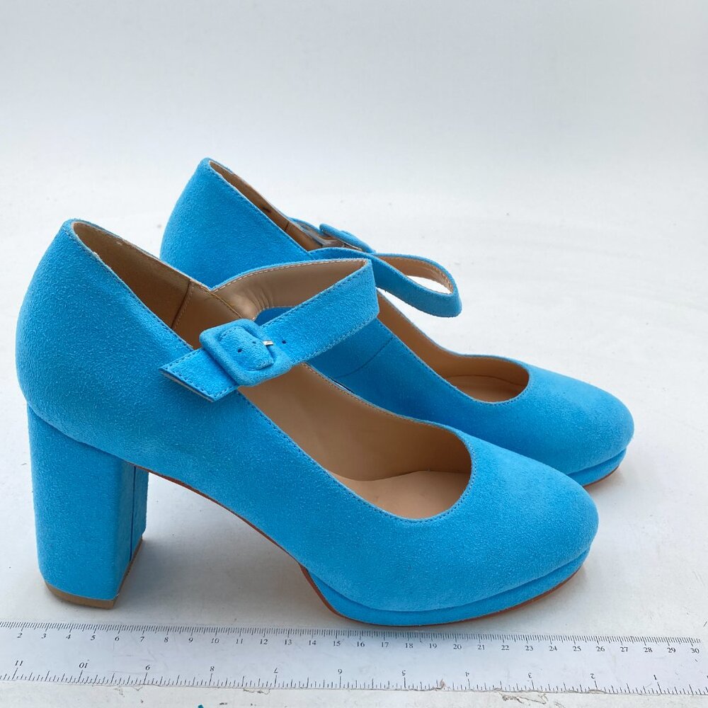 YDN Blue Square Toe Platform Pumps Chunky Heel Mary Janes Ankle Strap Girls Shoe - Picture 3 of 7